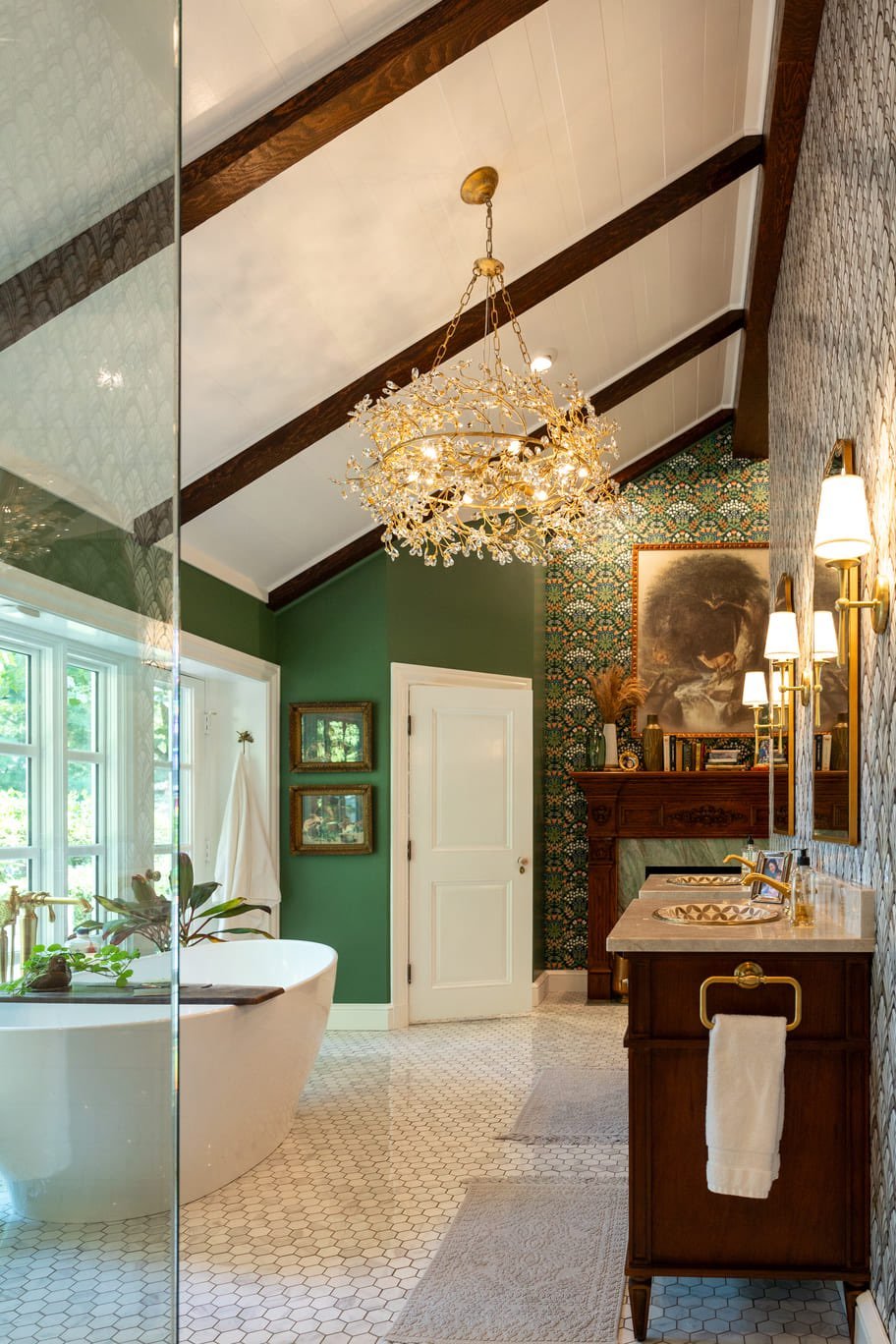 Large open Bathroom with Vaulted Ceilings, Walkin shower, and White Tub