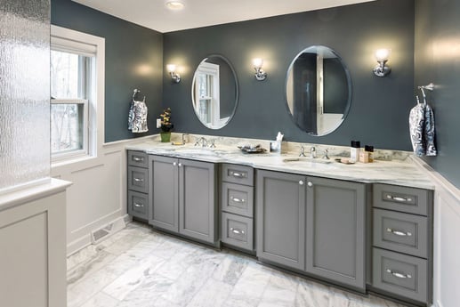 remodeled master bath with double vanity in Central Illinois by True Craft Remodelers
