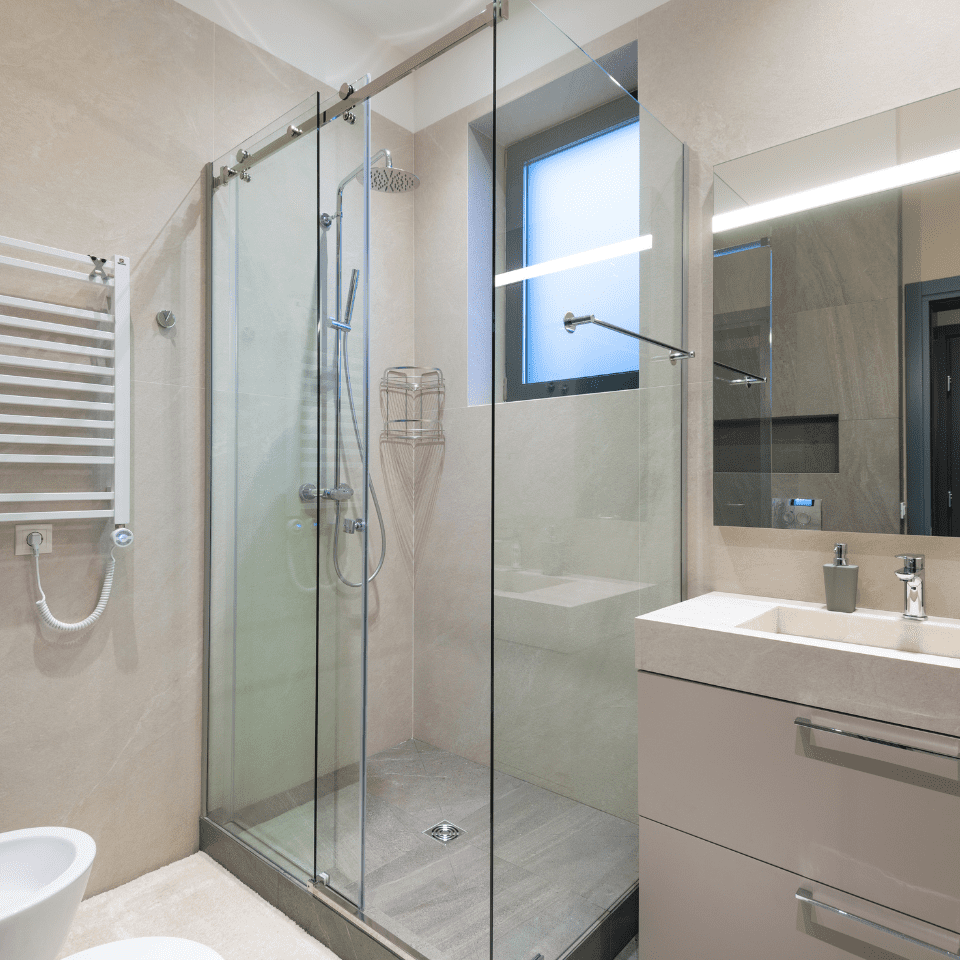 bathroom with walk in shower and beige cabinets bathroom with walk in shower and beige cabinets