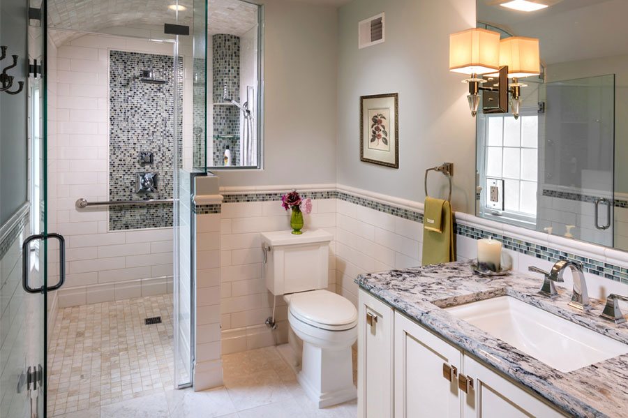 master bath with cream cabinets & walk-in shower by True Craft Remodelrs in Illinois