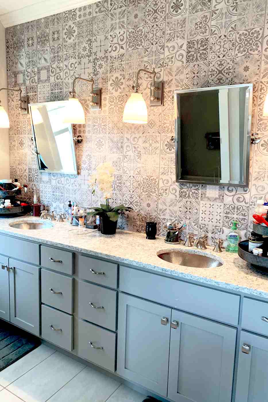 double bathroom vanity with poweder blue cabinets by True Craft Remodelrs in Illinois