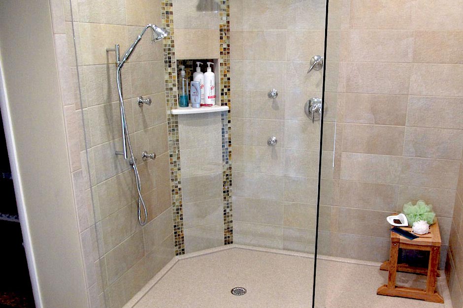 walk-in shower with no door & custom storage by True Craft Remodelrs in Illinois