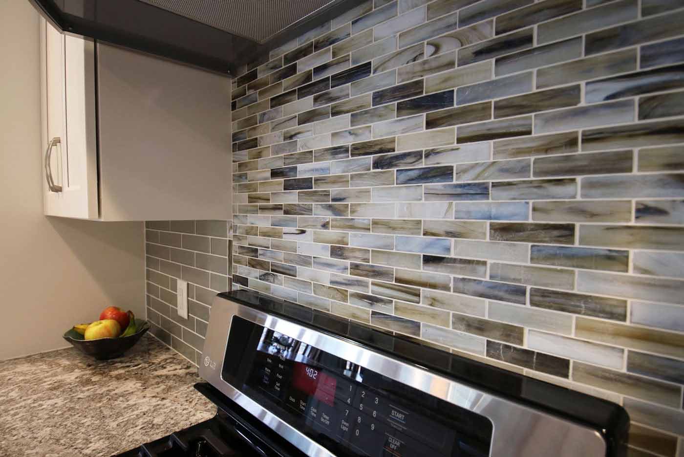 Kitchen backsplash with small mosaic subway tiles